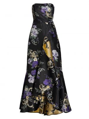 Черное платье в цветочек с рюшами Marchesa Notte