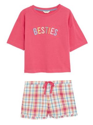 Womens M&S Collection Pure Cotton Besties Slogan Shortie Set - Pink Mix, Pink Mix M&s Collection