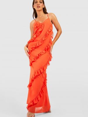 Шифоновое длинное платье с рюшами Boohoo оранжевое