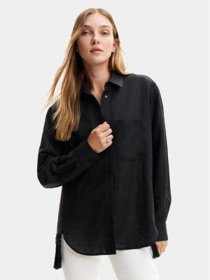Oversized λινό πουκάμισο με κρόσσια Desigual μαύρο