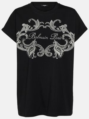 Kokvilnas t-krekls džersija ar lāsīšu rakstu Balmain melns