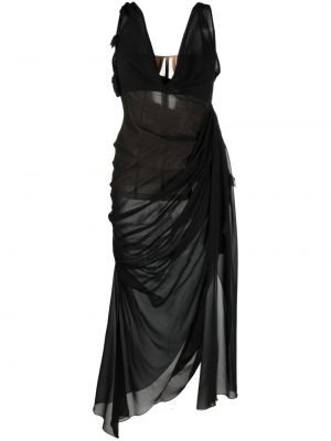 Drapované průsvitné hedvábné večerní šaty Blumarine černé