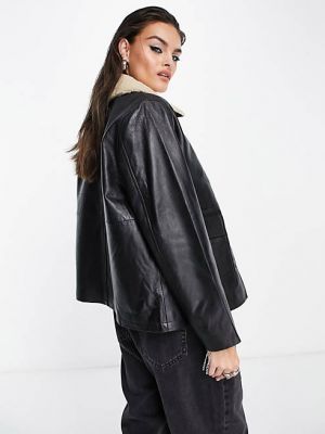 Черная кожаная куртка с воротником-боргом Object