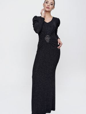 Kostkované dlouhé šaty s dlouhými rukávy By Saygı černé