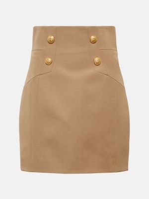 Vlněné mini sukně s vysokým pasem Balmain béžové