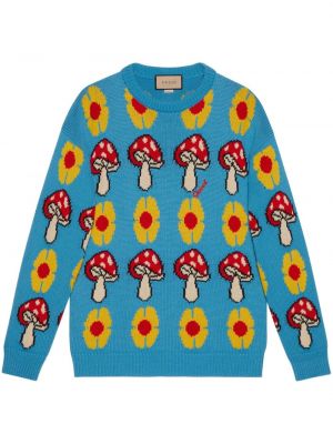 Sweter z okrągłym dekoltem żakardowy Gucci niebieski