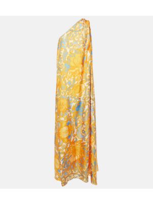 Jedwabna sukienka długa w kwiatki La Doublej pomarańczowa