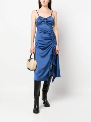 Satynowa sukienka koktajlowa z falbankami Sandro niebieska