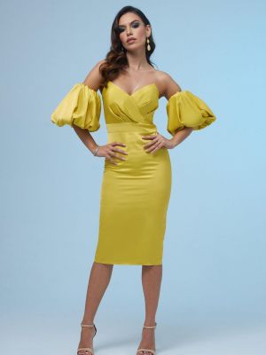 Saténové večerné šaty s balónovými rukávmi Carmen žltá