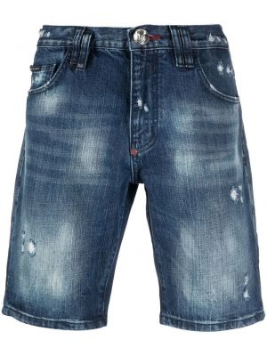 Szorty jeansowe z dziurami bawełniane klasyczne Philipp Plein - niebieski