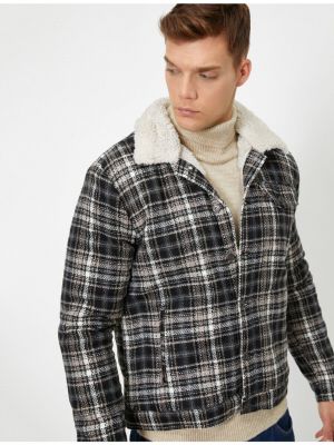 Kostkovaný kabát s knoflíky s kapsami Koton šedý