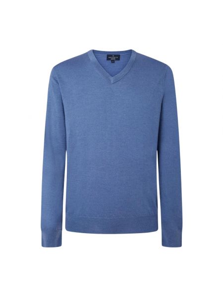 Sweter z dekoltem w serek Hackett niebieski