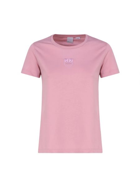 Haftowana koszulka bawełniana slim fit Pinko różowa