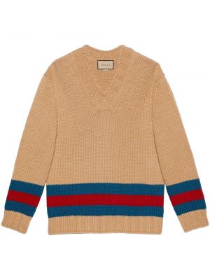 Пуловер на райета с v-образно деколте Gucci бежово