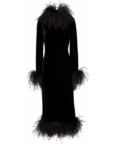 Zamatové midi šaty s perím Saint Laurent čierna