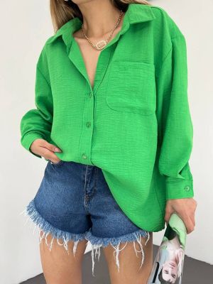 Lniana koszula oversize z kieszeniami Bi̇keli̇fe zielona