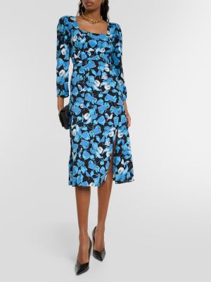 Robe mi-longue à fleurs en crêpe Diane Von Furstenberg bleu