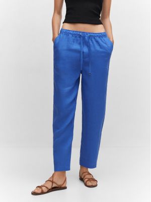 Lněné rovné kalhoty Mango modré