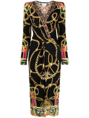 Viskózové midi šaty s potiskem s výstřihem do v Camilla - černá
