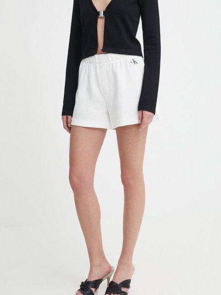Pamučne kratke traper hlače visoki struk Calvin Klein Jeans bijela