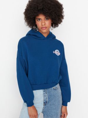 Raštuotas megztas flisas džemperis su gobtuvu Trendyol mėlyna