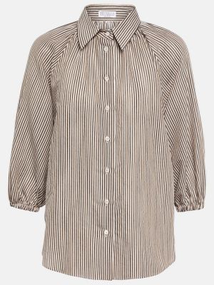Bombažna svilena srajca s črtami Brunello Cucinelli bež