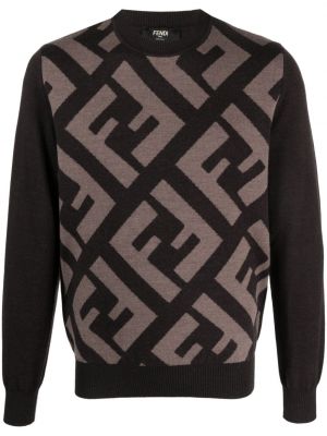 Žakárový vlněný svetr s kulatým výstřihem Fendi hnědý