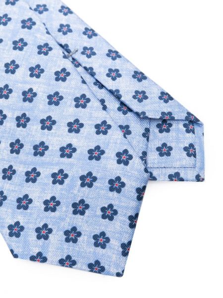 Jedwabny krawat w kwiatki z nadrukiem Kiton niebieski