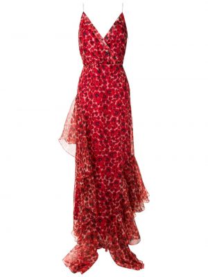 Hedvábné dlouhé šaty s potiskem s výstřihem do v Isolda - červená