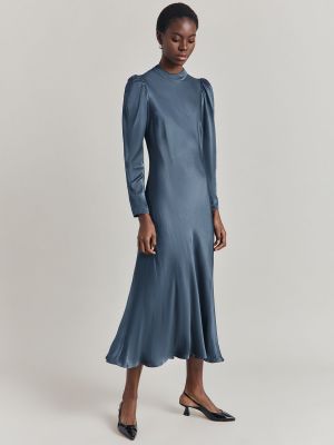 Атласный платье-трапеция с пышными рукавами Ghost синий