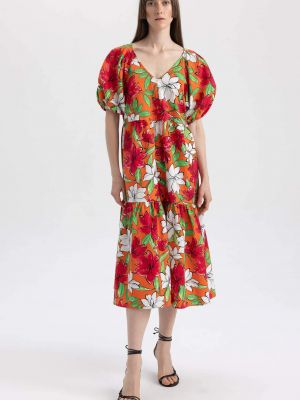 Φλοράλ μίντι φόρεμα με λαιμόκοψη v με κοντό μανίκι Defacto