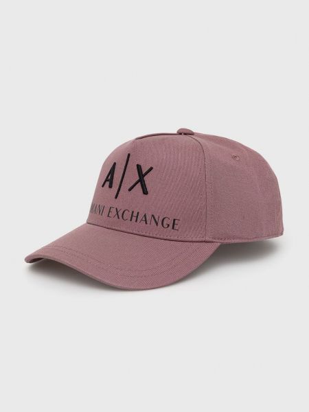 Памучна шапка с апликация Armani Exchange виолетово