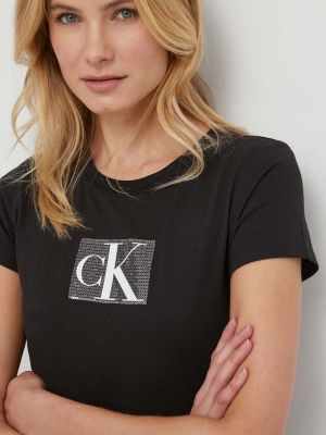 Koszulka slim fit bawełniana z cekinami Calvin Klein Jeans czarna