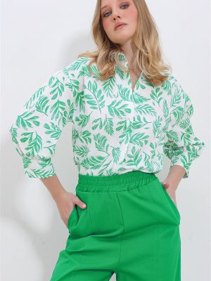 Lniana koszula z rękawami balonowymi Trend Alaçatı Stili zielona