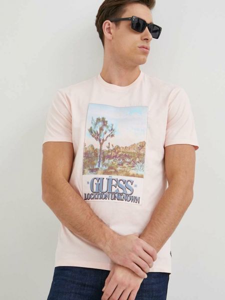 Памучна тениска с дълъг ръкав с принт Guess розово