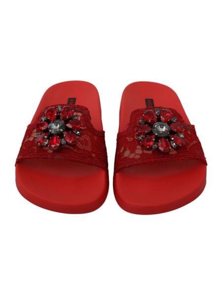 Klapki koronkowe z cyrkoniami Dolce And Gabbana czerwone