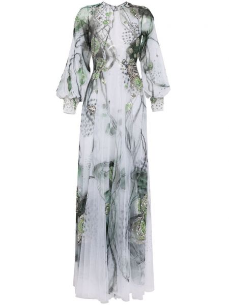 Ravna haljina s biserima s printom od tila Saiid Kobeisy bijela