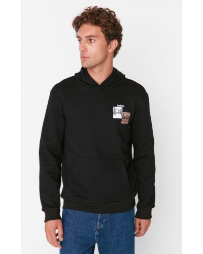Pamučna hoodie s kapuljačom s printom Trendyol crna