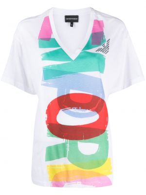 Тениска с принт с v-образно деколте Emporio Armani бяло