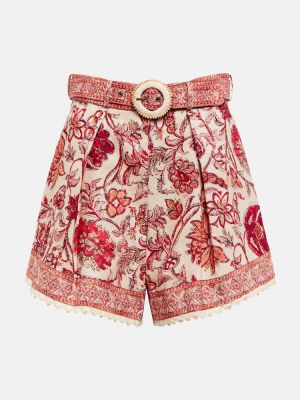 Pantaloni scurți cu talie înaltă de in cu model floral Zimmermann roșu