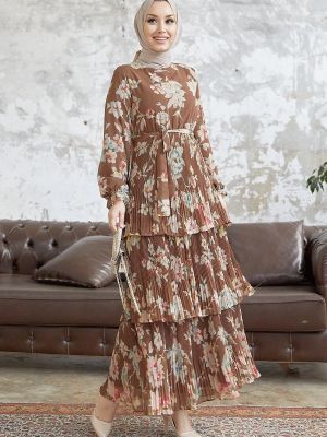 Rochie din șifon cu model floral plisată Instyle maro