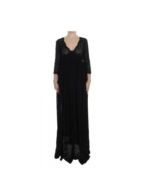 Dzianinowa sukienka długa w kwiatki z długim rękawem Dolce And Gabbana czarna