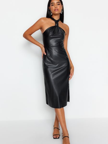 Sukienka midi dopasowana skórzana ze skóry ekologicznej Trendyol czarna