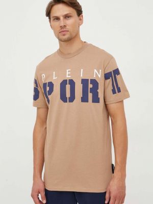 Памучна тениска с дълъг ръкав с принт Plein Sport бежово