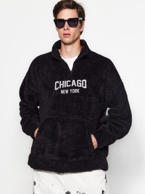 Siuvinėtas fliso džemperis su stovinčia apykakle Trendyol juoda