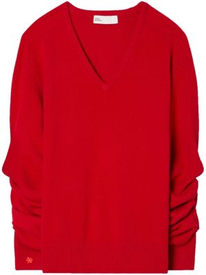Volneni pulover z v-izrezom Tory Burch rdeča