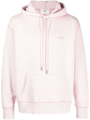 Pamučna hoodie s kapuljačom s vezom Ami Paris ružičasta