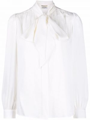 Jedwabna bluzka z kokardką Saint Laurent biała