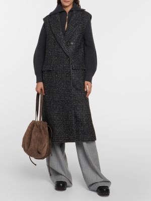 Kockovaný vlnený kabát Brunello Cucinelli sivá