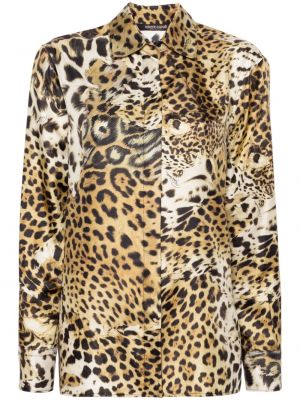 Копринена риза с принт с леопардов принт Roberto Cavalli бежово